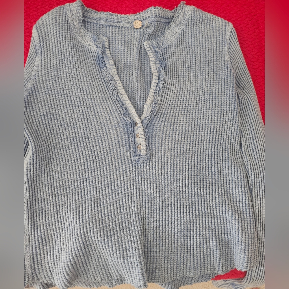 Free People One Henley Blue Textured Top Size Small - Picture 7 of 13